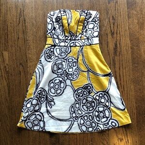 Limited Abstract Yellow Bodice Satiny Shiny Strapless Cocktail Dress